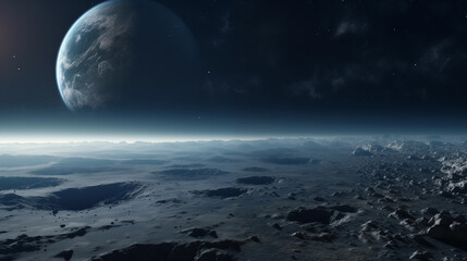 scene of universe from distant surface with planet in background lunar landscape space exploration concept