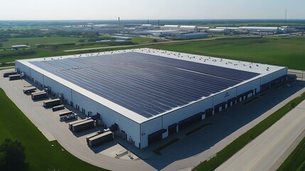 aerial view of a modern high technology renewable solar energy facility buildings, environmental gre