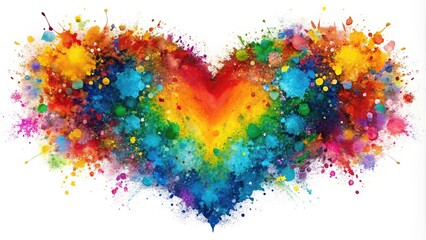 Symmetrical colorful heart shaped paint splatter on white background