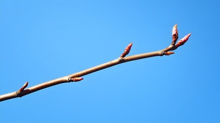 133. a worm's-eye view of a single thin branch extending upward, with the bright blue sky creating a