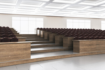 Sticker - Bright wooden and concrete auditorium interior with panoramic windows, city view and daylight. 3D Rendering.