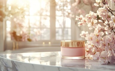 In the serene morning light, a luxurious cream jar rests on a marble countertop surrounded by fresh blooms.