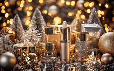 An elegant skincare display adorned with shimmering ornaments in a festive setting