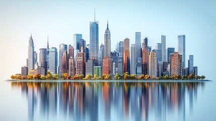 Poster - 3d perspective of modern city skyline featuring a variety of skyscrapers and office buildings with detailed textures and architectural features displayed on a white background
