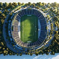 Poster - 3d render above of a large outdoor sports arena with an expansive open field and surrounding stands clean design elements showcased on a white isolated background