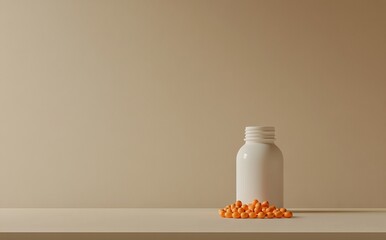 A minimalist display of white capsules surrounded by orange bottles on a smooth surface in a warm color scheme