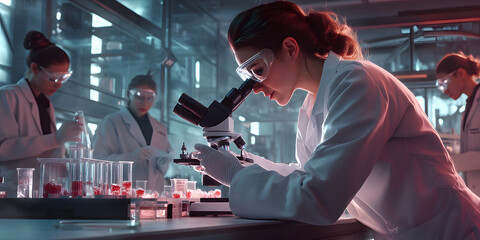 Wall Mural - scientist is looking through a microscope and taking notes, background