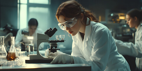 Wall Mural - scientist is looking through a microscope and taking notes, background