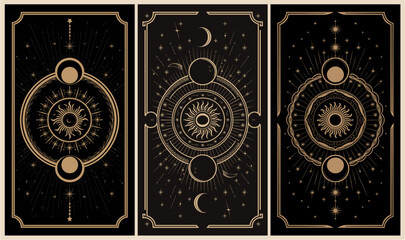 Tarot cards set. Magic mystic deck design, arcanas. Sacred esoteric symbols, occult celestial spiritual signs, patterns. Divination taro pack. Hand drawn vector gold line art on black background.