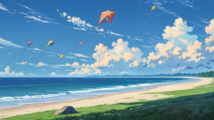 Flying a kite on the beach cartoon anime