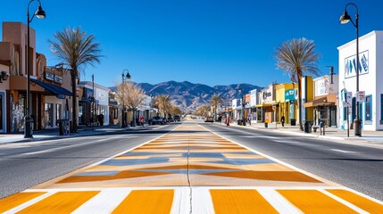 A lively street scene, murals depicting unity and hope along the sidewalks, leading voters toward a local polling station under a clear, peaceful sky