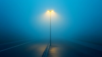 Wall Mural - A streetlamp casts a warm glow on an empty road engulfed in thick fog during the night, evoking a sense of solitude and calm in the urban environment