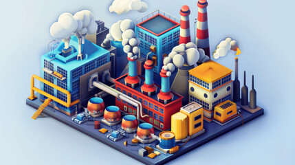 vibrant industrial scene featuring colorful factories with smokestacks, machinery, and storage units. illustration captures essence of manufacturing and energy production