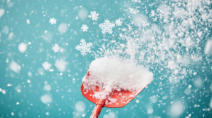 Snowfall concept image background with a snow shovel shoveling fresh snow on a blue backdrop