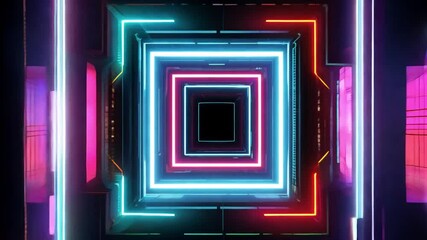 Poster - Camera moving through a square shaped tunnel illuminated by glowing neon lights, changing color over black background. Perfect for vjjing