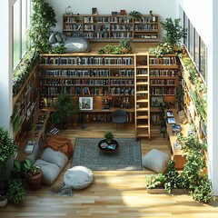 Poster - 3d render of home library with expansive builtin bookshelves rolling ladder and a quiet reading nook top view floor plan layout isolated on a clean white background
