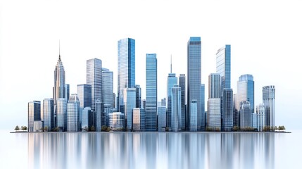 Poster - 3d render of modern city skyline featuring towering skyscrapers and sleek office buildings with detailed architectural elements displayed against a clean isolated white background