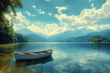 Naklejka na meble Taking a scenic boat ride on a tranquil lake. Featuring a boat with passengers enjoying the calm water. Highlighting relaxation and outdoor adventure. Ideal for travel and lifestyle content.