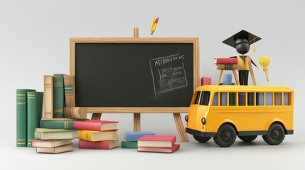 Fototapete - A yellow school bus alongside a chalkboard and colorful books represents education and learning, creating an inviting classroom atmosphere. Generative AI