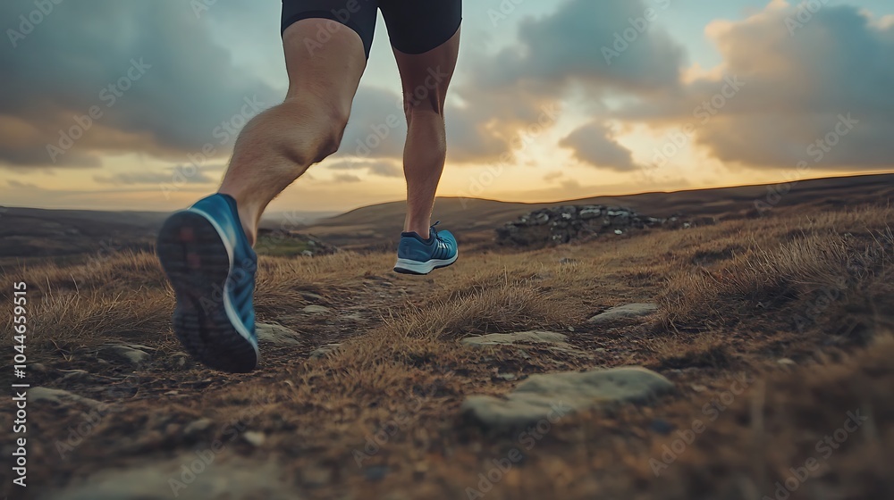 An athlete running in nature with sneakers, muscular legs foot view ...