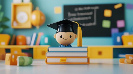 Aufkleber - A small graduate figurine with a cap stands proudly on stacked books in a colorful classroom filled with educational supplies. Generative AI