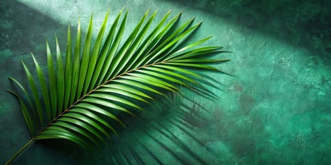 Wall Mural - Tropical palm leaf and shadow on abstract natural green background with dark textures , palm leaf, tropical, shadow, abstract
