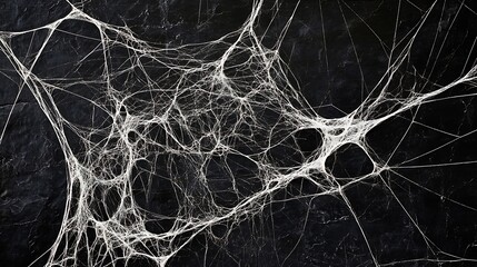 Spider white nets on black background, animal weaved webs house with spider silk