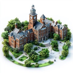 Poster - 3d render of redbrick school with a clock tower green courtyard and walkways detailed architectural layout on white background