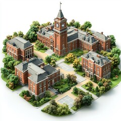 Poster - 3d render of redbrick school with a clock tower green courtyard and walkways detailed architectural layout on white background