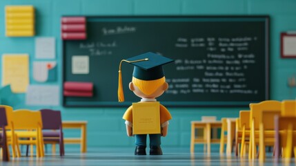 Poster - A cheerful young graduate stands with a backpack in a bright classroom, looking at a chalkboard filled with inspiring messages. Generative AI