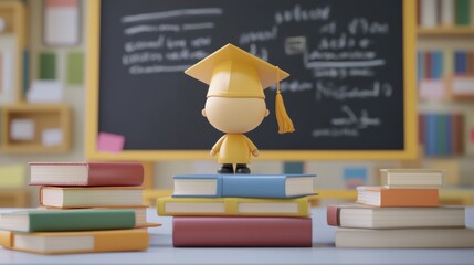 Aufkleber - A small graduation figure in a yellow cap sits on stacks of books, with a chalkboard visible, creating an educational atmosphere. Generative AI