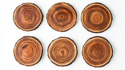 Poster - Round Wooden Tree Slices Arranged on a White Background Generative AI