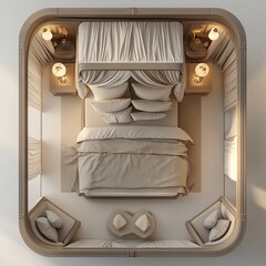 Poster - 3d render of romantic bedroom top view with a canopy fourposter bed soft ambient lighting and refined furnishings spacious floor plan isolated on a crisp white background