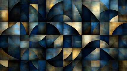 Wall Mural - Abstract geometric pattern with blue, brown, and gold colors.