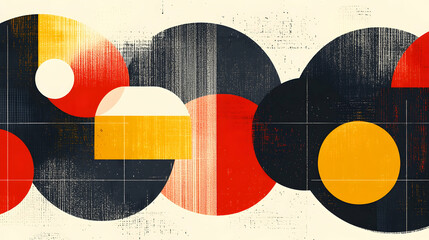 Wall Mural - Abstract geometric shapes in red, yellow, and black on a white background with a grunge texture.