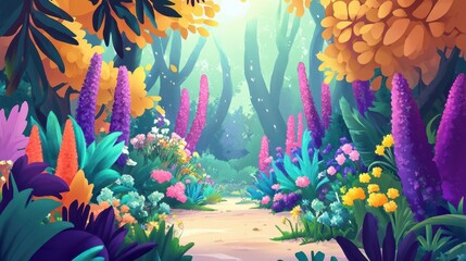 Canvas Print - Panoramic view of a fantasy forest with colorful plants and flowers