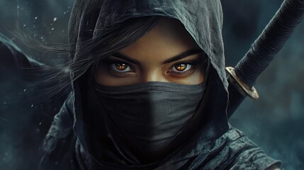 Intense depiction of a woman in a black ninja hood showcasing strength and skill in stealth and combat highlighting the power of shadows