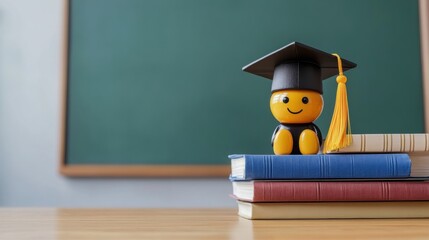 Aufkleber - A bright yellow figurine in a graduation cap smiles while perched on a stack of books in a classroom, embodying academic success. Generative AI