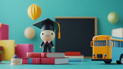 Aufkleber - A delightful graduate figurine wears a cap and gown, balancing on books in a lively classroom filled with bright colors and a toy bus. Generative AI