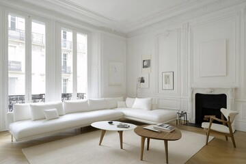 Modern Minimalist Living Room with White Walls and Large Windows