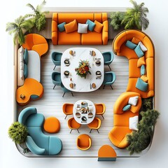 Poster - 3d render of top view creative dining room with an artistic table elegant furniture and vibrant colors floor plan isolated on white background designed for a contemporary aesthetic