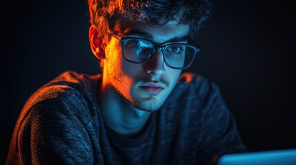 Portrait Of Young Man Working With Laptop Against Dark Background