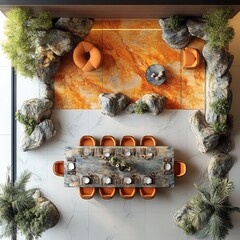 Poster - 3d render of top view creative dining room with an artistic table elegant furniture and vibrant colors floor plan isolated on white background designed for a contemporary aesthetic