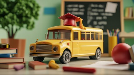 Poster - A vibrant model school bus featuring a graduation cap sits on a desk surrounded by classroom supplies and a chalkboard backdrop. Generative AI