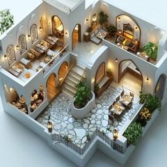 Poster - 3d render of ethnic restaurant from above featuring separate dining sections for various cuisines a central kitchen and a decorative entrance detailed on a clean white background