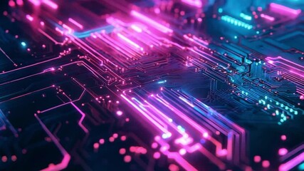 Poster - A close-up view of a neon circuit board design with vibrant pink and blue lines illuminated in a dark setting