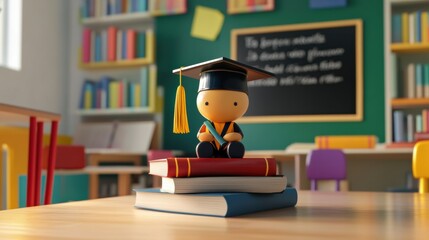 Aufkleber - A charming figurine wearing a graduation cap is perched on books in a vibrant classroom filled with educational resources. Generative AI