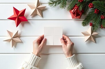 Wall Mural - DIY origami paper with your own hands for Christmas and new year, with Christmas decor on a white board table, natural decor. Festive mood. Flatlay, background, copy space. 