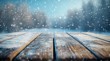 Poster - A snowy scene with a wooden table in the foreground