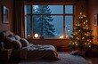© Ольга Симонова - Cozy bedroom with a bed by window with Christmas decor and a Christmas tree and warm light garlands and candles - inside view in winter and snow. Celebrate Christmas and New Year, Christmas mood.